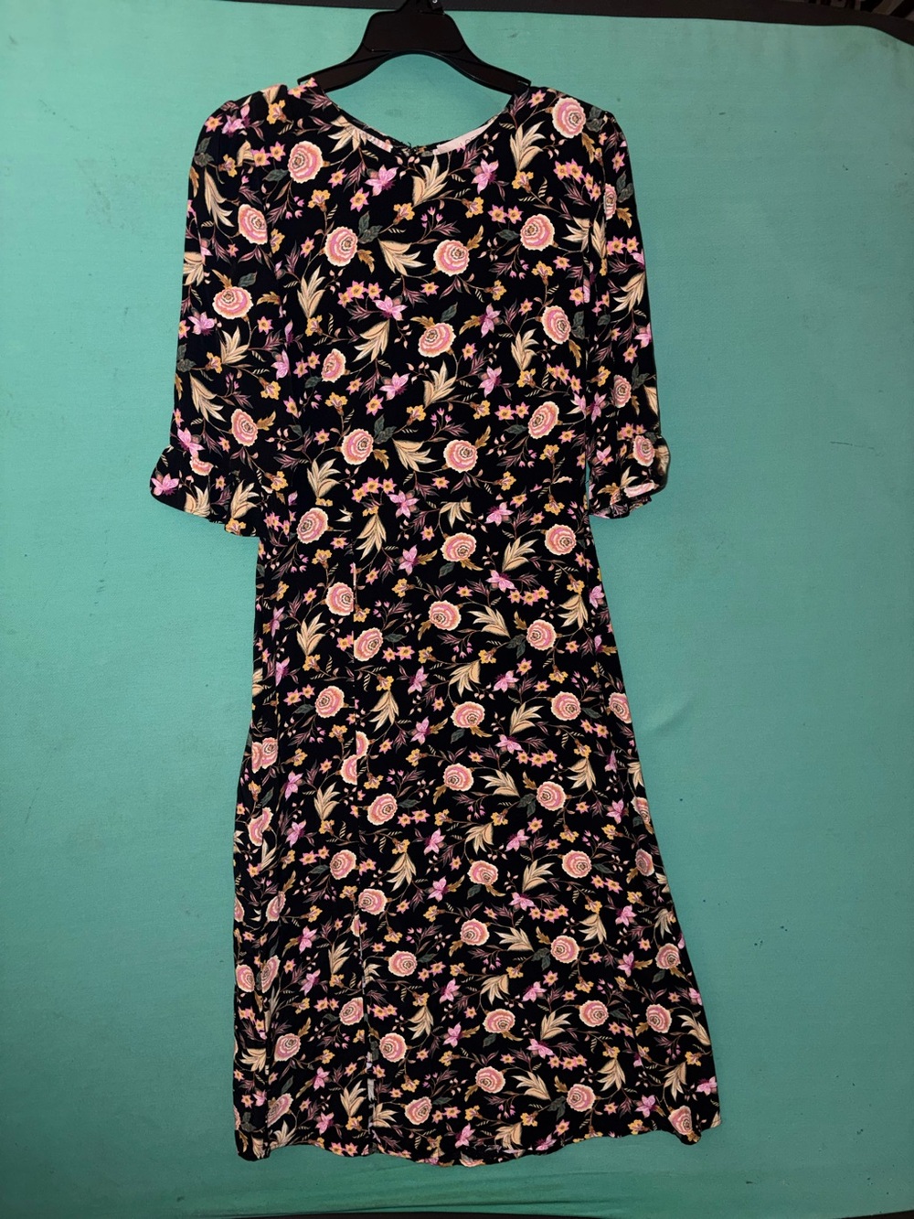 LOFT Black Midi Dress with Pink Floral Print Size 2